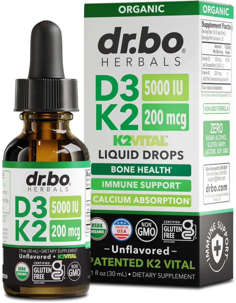 Vitamin D3 K2 Liquid Drops - Organic D3K2 Vitamin D3 K2 Drops Liquid Supplement MCT Oil for Adults & Kids, Calcium Absorption Strong Bones - Vit D and K 5000 IU Supplements, Vitamins D + K MK7 1 Fl Oz