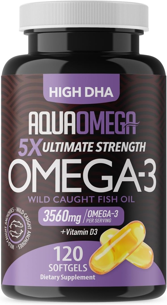 5X Ultimate Strength Omega 3 Suppléments à l'huile de poisson avec EPA et DHA Omega-3 Acides gras et vitamine D, Omega 3 à l'huile de poisson sans Burpless avec des suppléments DHA élevés, supplément Omega 3 non aromatisé, 120 Softgels
