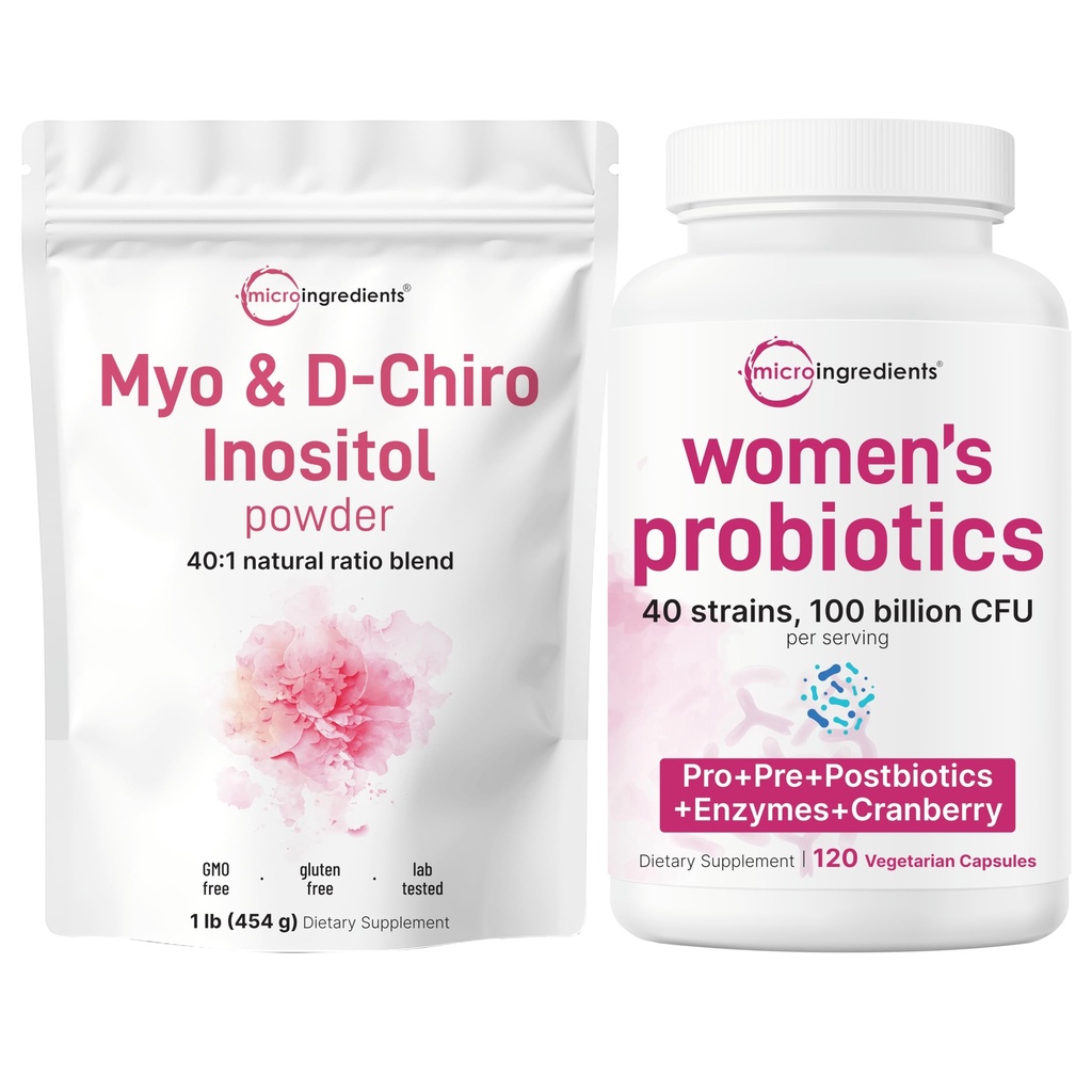 Micro Ingredients Myo-Inositol with D-Chiro Inositol Powder & Women’s Probiotics 100 Billion CFU Veggie Capsules | 2 Pack Bundle | 40:1 Ideal Ratio | 40 Strains + Cranberry & D-Mannose