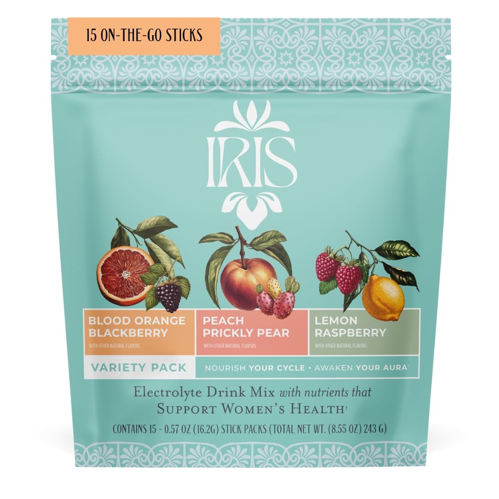 Iris Women’s Hormonal Health Daily Electrolyte Drink Mix | High Fiber, Essential B Vitamins for Mood Support | 40:1 Myo & D‑Chiro Inositol | Variety Pack, 15 Hydration Powder Packets