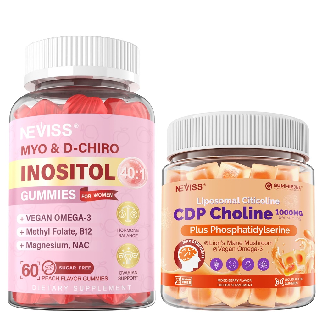 NEVISS Myo-Inositol & D-Chiro Inositol Gummies + Citicoline 1000mg, CDP Choline Gummies & Phosphatidylserine 300mg