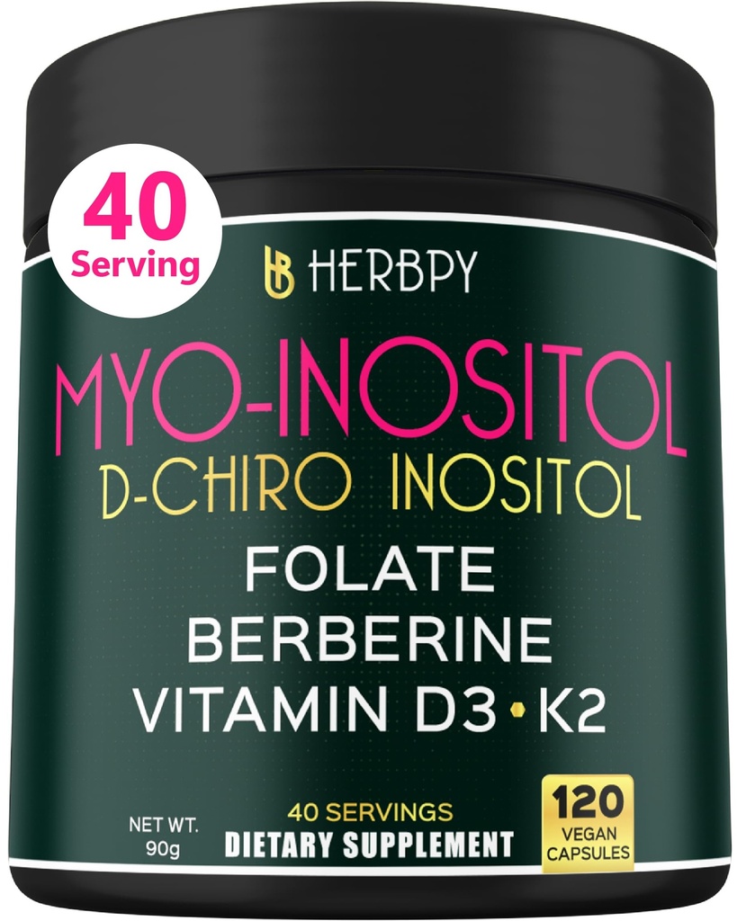 Herbpy 6in1 Premium 40:1 Myo-Inositol & D-Chiro Inositol Supplement for Women with Folate, Berberine HCl 97%, Vitamin D3 & K2 - Hormonal Balance & Ovarian Health Support- 120 Vegan Capsules