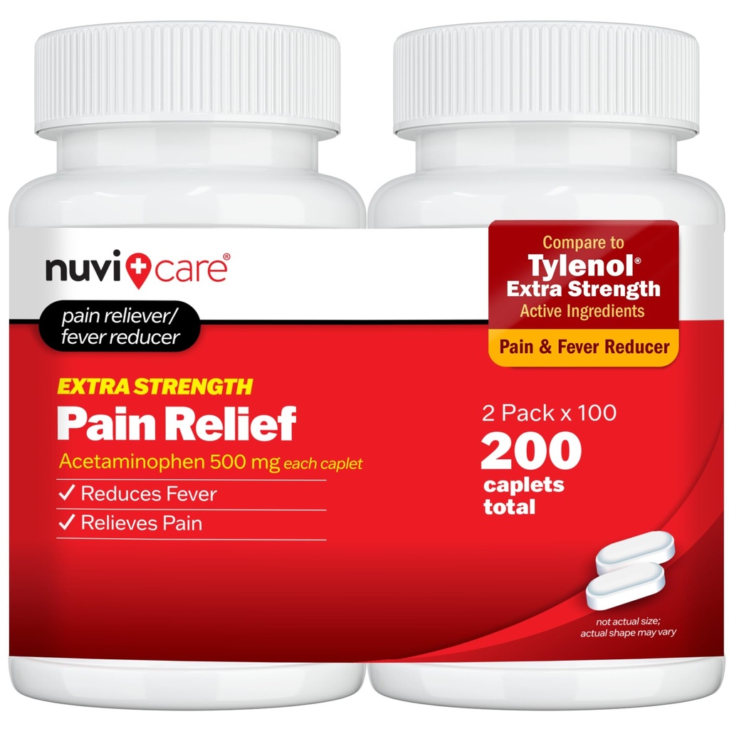 NUVICARE Acetaminophen 500mg Extra Strength Pain Relief - Compare to Tylenol Extra Strength Pain Reliever & Fever Reducer - 500mg Tablets for Adults for Headaches (2 Pack)