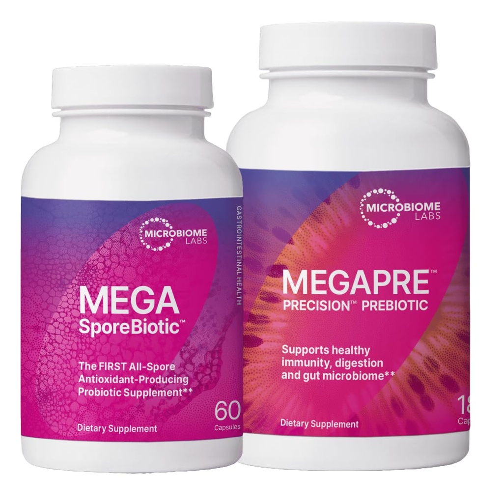 Microbiome Labs MegaSporeBiotic (60 Capsules) + MegaPre (180 Capsules) Probiotic Prebiotic Bundle - Spore-Based Probiotic with Prebiotic Fiber Supplement