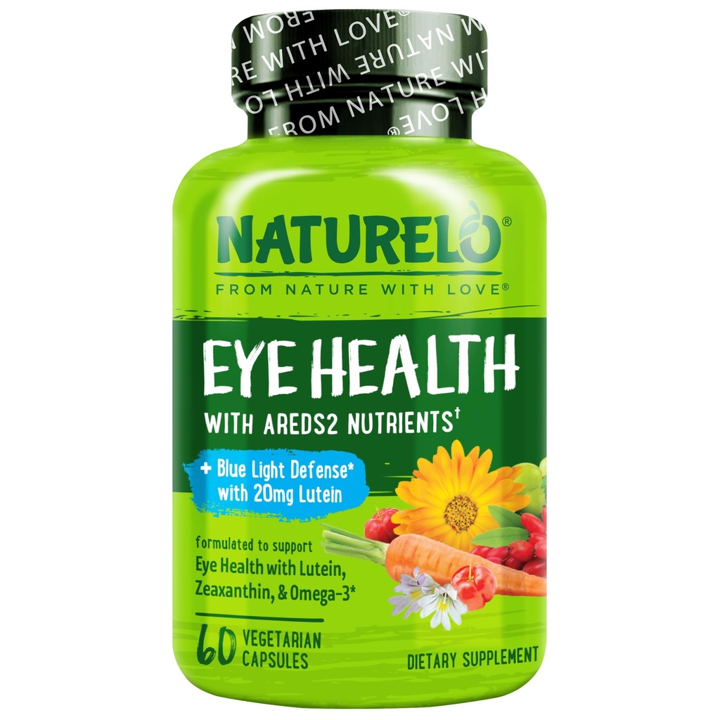 NATURELO Vitamines oculaires - AREDS 2 Formule Nutriments avec Lutéine, Zeaxanthin, Vitamine C, E, Zinc, Plus DHA - Supplément pour Yeux secs, Vision saine, Soutien oculaire - 60 Capsules Vegan