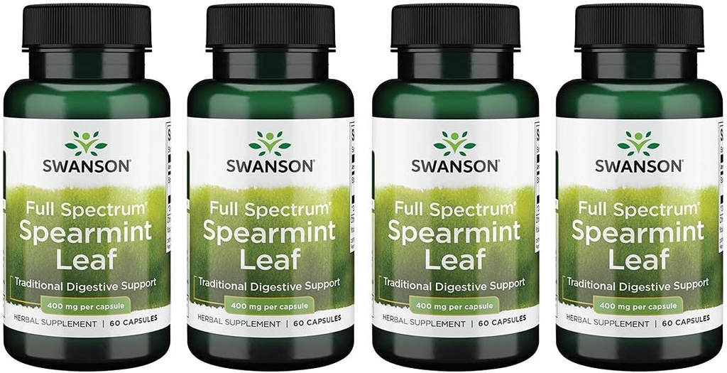 Swanson Spearmint Leaf (Mentha Spicata)-Full Spectrum Supplement Herbal Supporting Digestive Health '&' Mild Stomach Issues - (60 Capsule, 400mg Ogni) 4 Pack