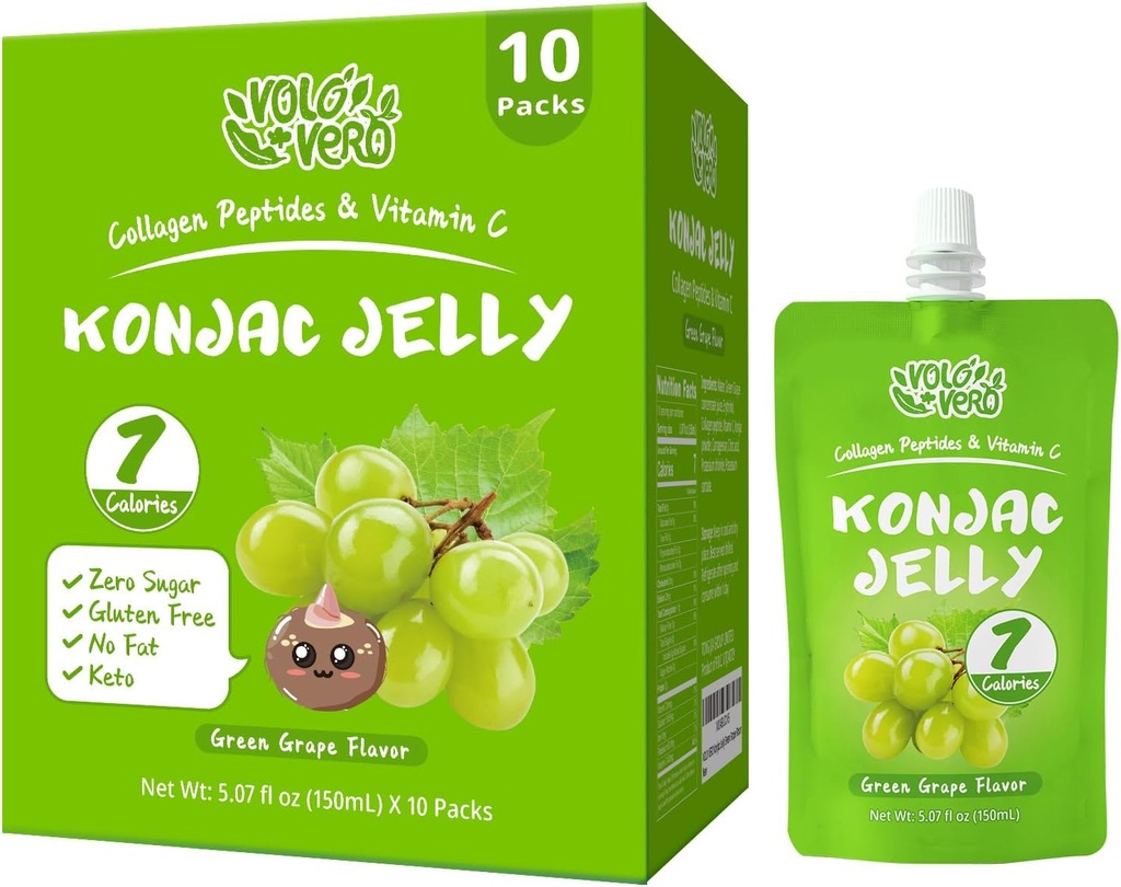 Konjac Jelly Pouch Aroma verde bevibile, Calorie basse (7 Kcal), 10 confezioni, Senza glutine, Zucchero Zero, Keto, Peptidi di collagene, Vitamina C dolce frutta sana Snacks Regali