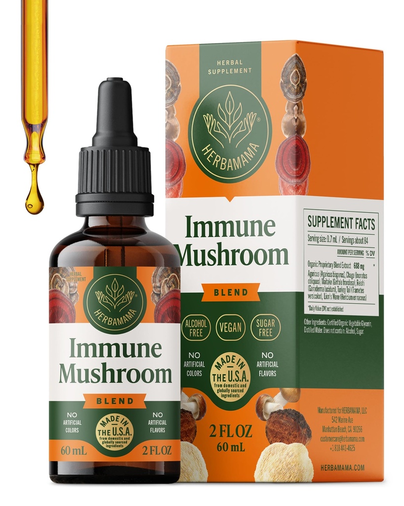 HERBAMAMA Super Immune Mushroom Supplement - Vegan 8-Mushroom Complex Blend with Reishi, Lion's Mane, Cordyceps & Chaga Extract - Non-GMO, Alcohol-Free, Sugar-Free Immunity Drops, 28-Day Supply