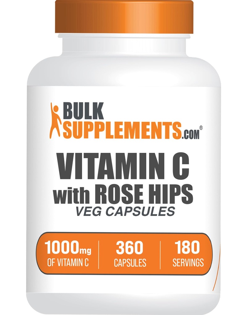 BulkSupplements.com Vitamin C mit Hagebuttenkapseln - Ascorbinsäure Supplemnet, Hagebutten zur Immununterstützung - Vegan, 2 Kapseln pro Portion (1000 mg), 360 Count (Paket von 1)