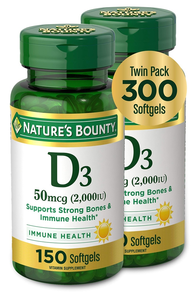 Nature's Bounty Vitamine D3, soutient le système immunitaire et la santé osseuse, 50mcg, 150 Softgels (paquet de 2)