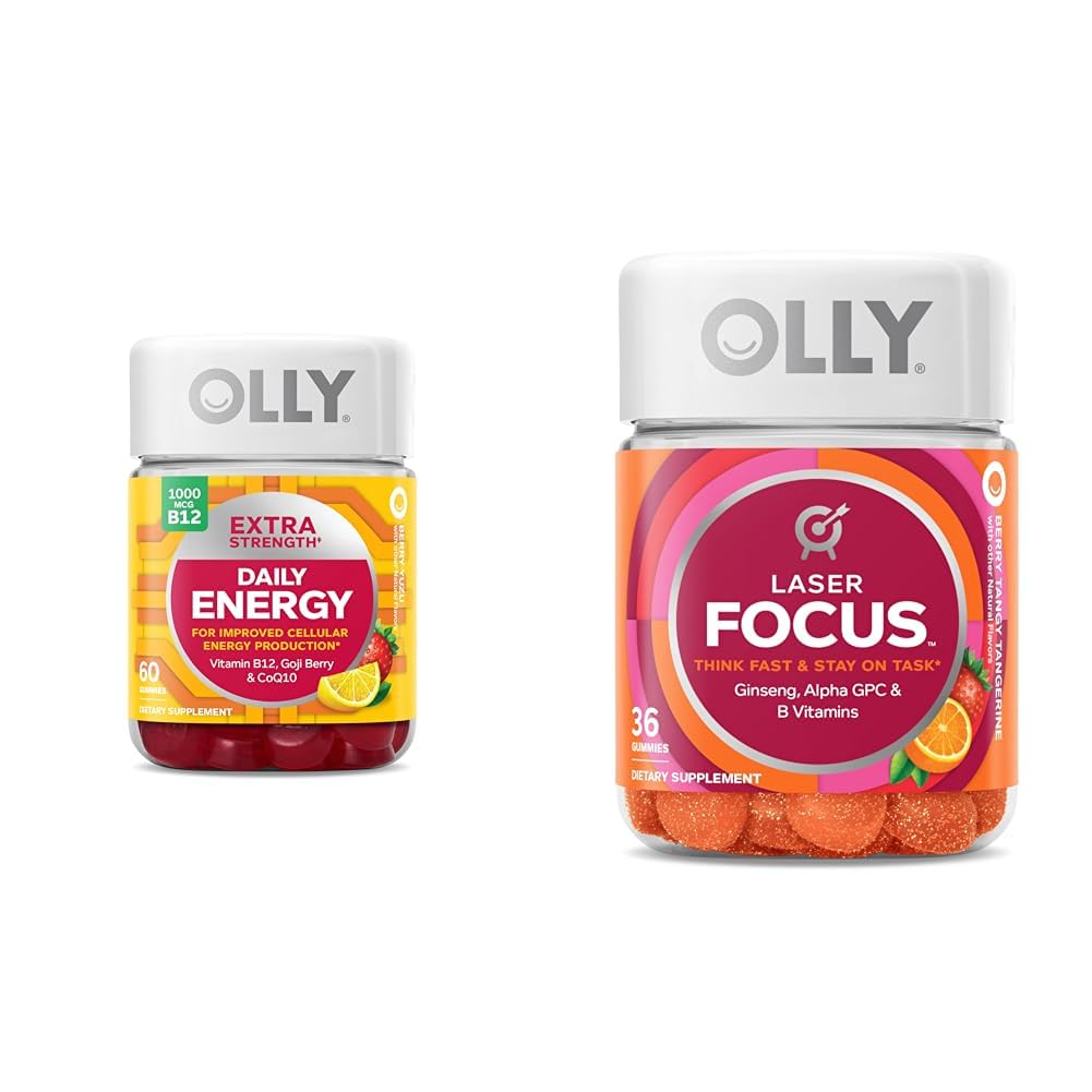 OLLY Extra Strength Daily Energy Gummy with Vitamin B12, CoQ10, Goji Berry, 60 Count & Laser Focus Gummy with Ginseng, Alpha GPC, 36 Count
