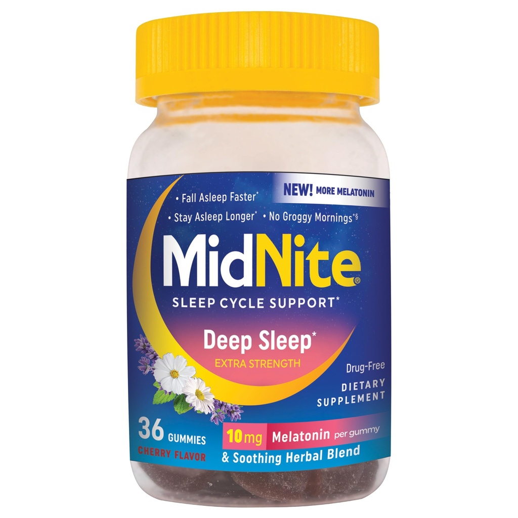 MidNite Sleep Deep Extra Strength, 10 mg d'aide au sommeil à la mélatonine, forme non-habitante, supplément alimentaire à base de plantes pour les adultes, sans médicament, sans gluten, sans lactose, amis des végétariens, 36 gommes