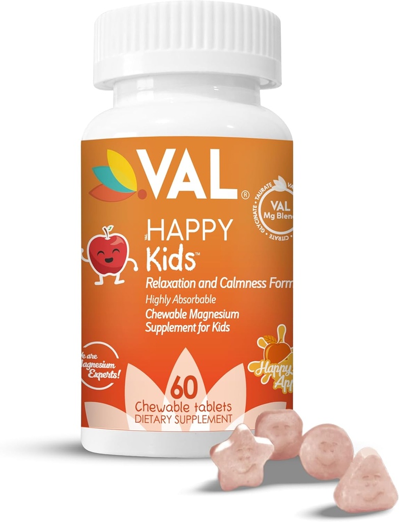 VAL Magnesio per bambini | Magnesio ad alto assorbimento per calma, rilassamento e messa a fuoco | Mg Glycinate, Citrate & Taurate | con vitamina B6, D & C | Zucchero-Free, Non OGM | 60 compresse masticabili