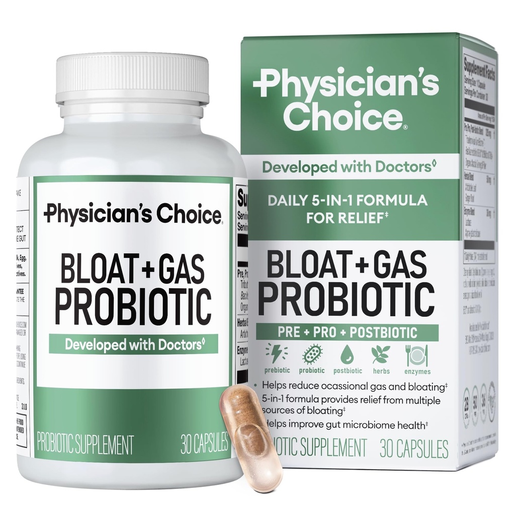 Arztwahl Bloat & Gas Probiotische 5-in-1 Proaktive Unterstützung + Tägliche Erleichterung - Verdauung & Darm Gesundheit - Kräuter, Verdauungsenzyme, Post & Präbiotika - Gas Relief für Erwachsene - Frauen & Männer - 30ct