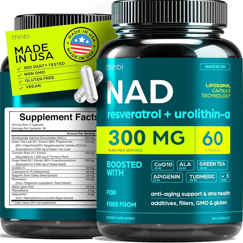 NAD Ergänzung 300Mg Extrastärke NMN Alternative Liposomal + Grüner Tee für Damen und Herren w/ Urolithin A, Resveratrol, CoQ10, Alpha Liponsäure