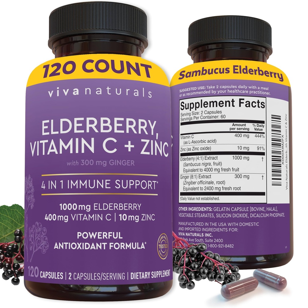 Viva Naturals Elderberry con vitamina C e zinco (120 capsule) - 1000mg Sambucus Elderberry Immune Support Supplemento, Black Elderberry Capsules per Adulti, Vitamine Elderberry - 2 Mesi di Alimentazione