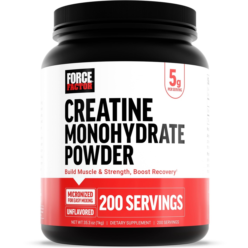 Facteur de force Poudre monohydratée de créatine, 5g Dose micronisée pour soutenir la croissance musculaire, la force, la récupération, la santé cognitive et la mémoire, non aromatisée, 200 portions