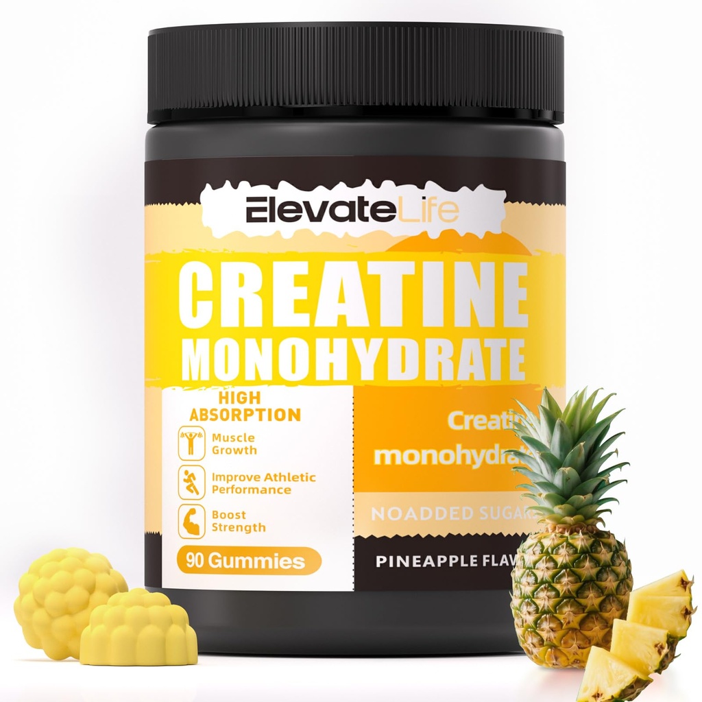 ElevateLife NSF Certified Creatine Monohydrate Gummies 5000mg for Men & Women, Chewables Creatine Monohydrate for Muscle Strength, Muscle Builder, Energy Boost, Pre-Workout Supplement-90 Pineapple