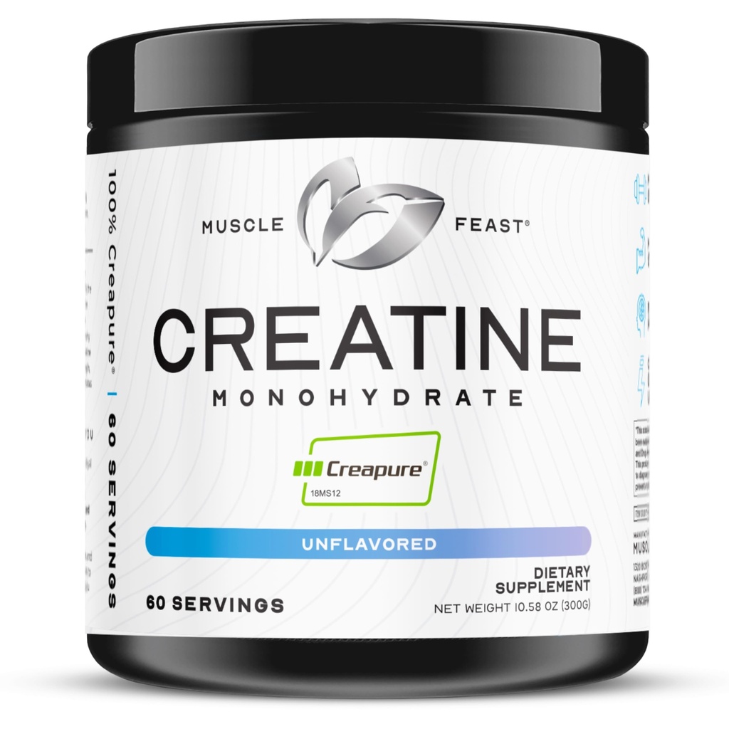 Muscle Feast Creapure Creatine Monohydrat-Pulver, Vegan Keto Friendly Gluten-Free, Masse Gainer, Muskel-Recovery-Ergänzung und Trusted Creatine für Muskelwachstum, Kreatin-Pulver, Unflavored, 300g