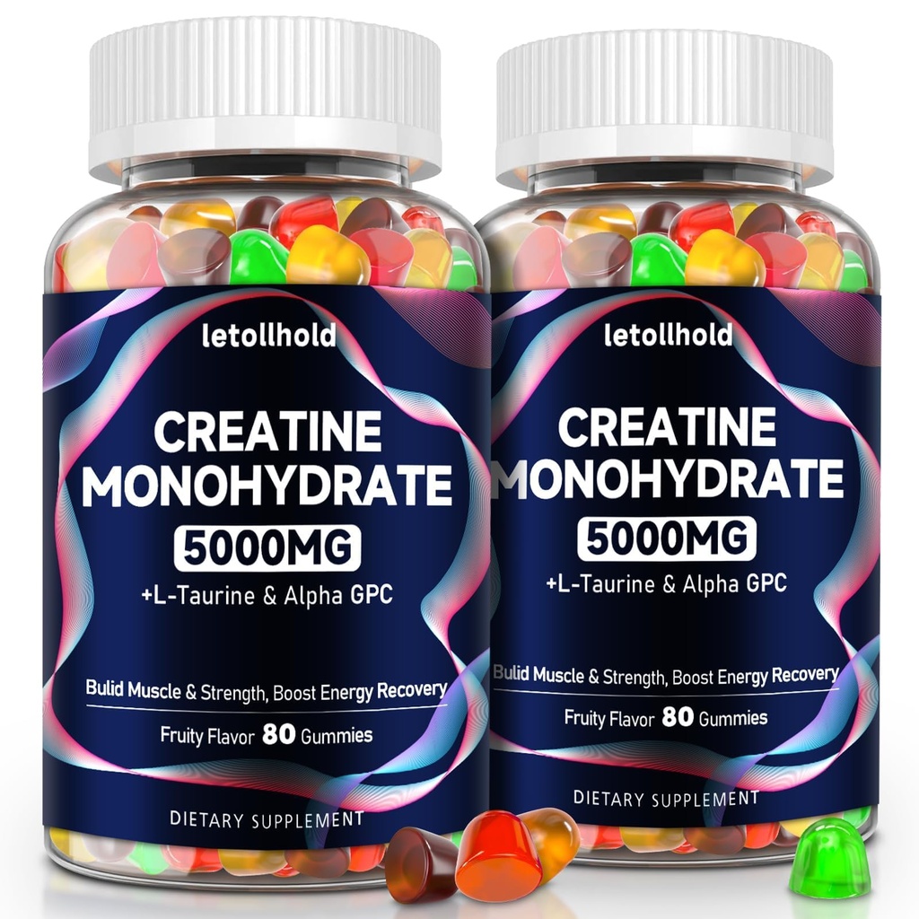 Creatine Monohydrate Gummi 5g für Damen und Herren - Creatine Gummis für Damen Pre Workout Chewables mit L-Taurine & Alpha GPC, Sugar-Free Muscle Builder, Energy Boost, Vegan Non-GMO (160 Count)