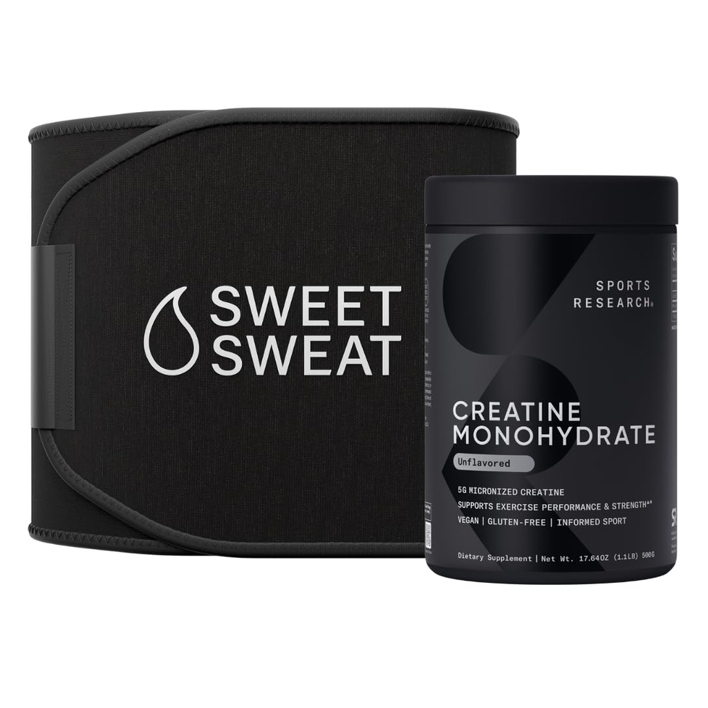 Sports Research Training Performance Pack - Creatine Monohydrate and Sweet Sweat Waist Trimmer Extra-Coverage (Small)
