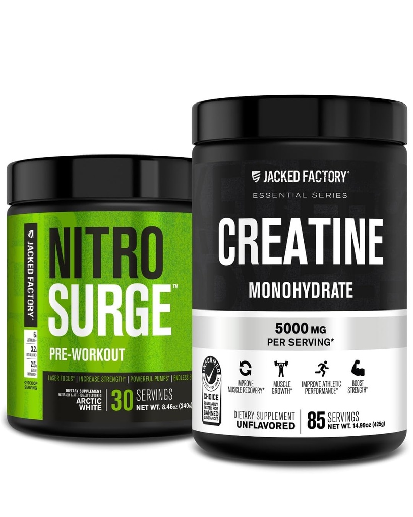 Fabbrica Jacked Nitrosurge Pre-Workout & Creatine Monohydrate - Polvere pre allenamento con creatina per la crescita del muscolo, forza aumentata, energia senza fine - Arctic White Preworkout & Creatina non aromatizzata