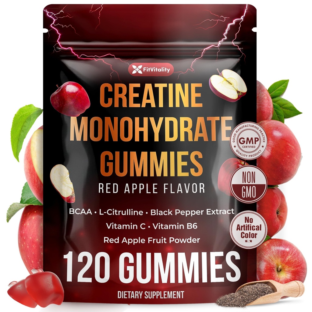 120 Creatine Monhydrate Gummies. W/ Vitamin C & B6, Black Pepper, Red Apple | Vegan, Non-GMO, Sugar-Free.