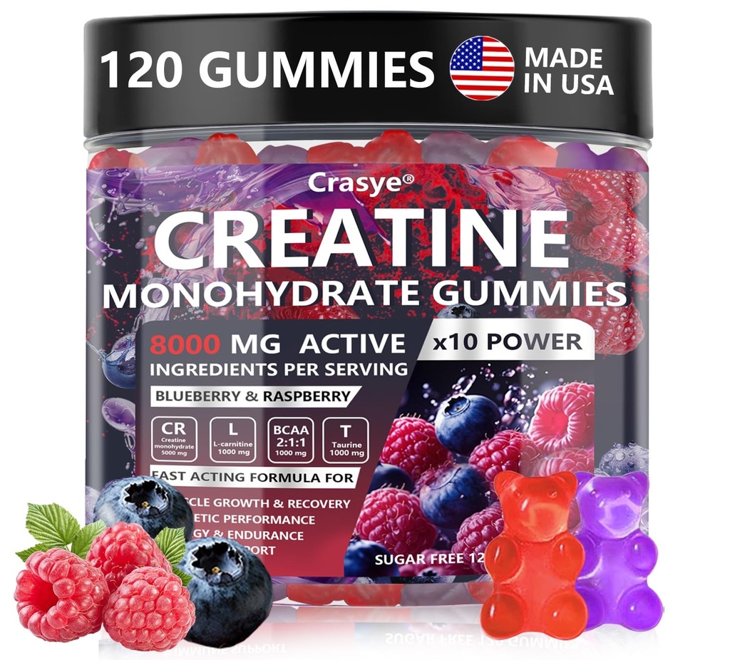Creatine Monohydrate Gummies Complex 8000 MG für Herren Frauen, Creatine Gummy mit Taurine BCAA für Energieunterstützung und Muskelkraft, Sugar Free PreWorkout Supplement