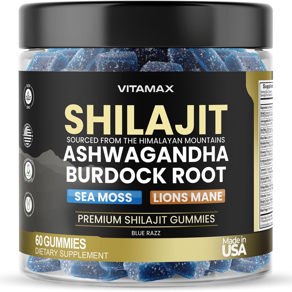 Reiner Shilajit-Gummi, Sea Moss, Ashwagandha, 105+ Spurenmineralien – Organic Burdock Root & Lions Mane Mushroom – Blue Razz – Vegan & Non-GMO – Made in USA – 60ct
