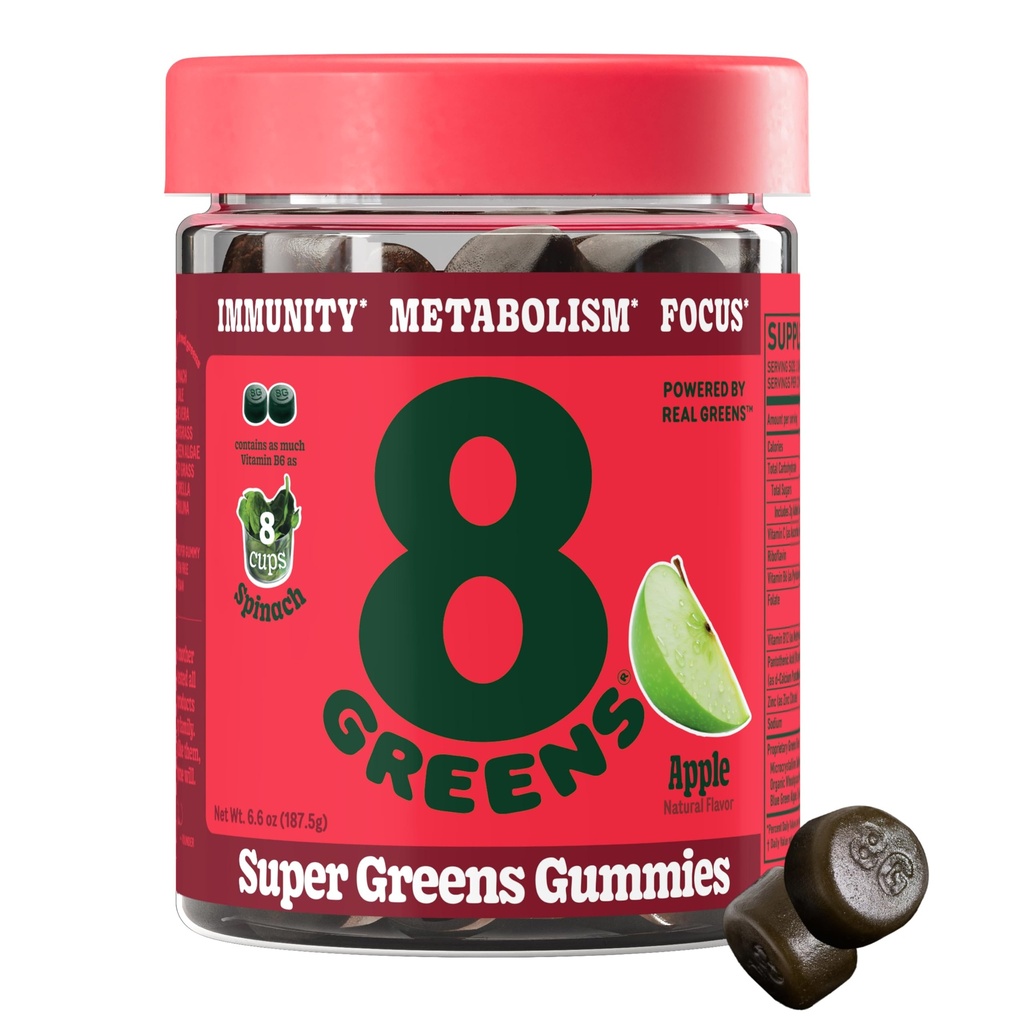 8Greens Supergreens Gummies | Super Greens Powder Superfood Gummy for Metabolism, Immunity & Focus, Digestive Health Enzymes, Organic: Chlorella, Spirulina, Aloe Vera, Apple Flavor, 50 Count