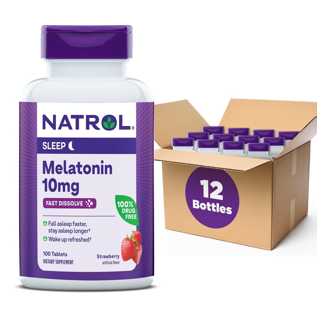 Natrol Dissolve rapide Melatonin 10 mg, Suppléments de mélatonine pour le sommeil reposant, Soutien du sommeil pour les adultes, 100 comprimés de mélatonine aromatisés aux fraises, jusqu'à 100 jours