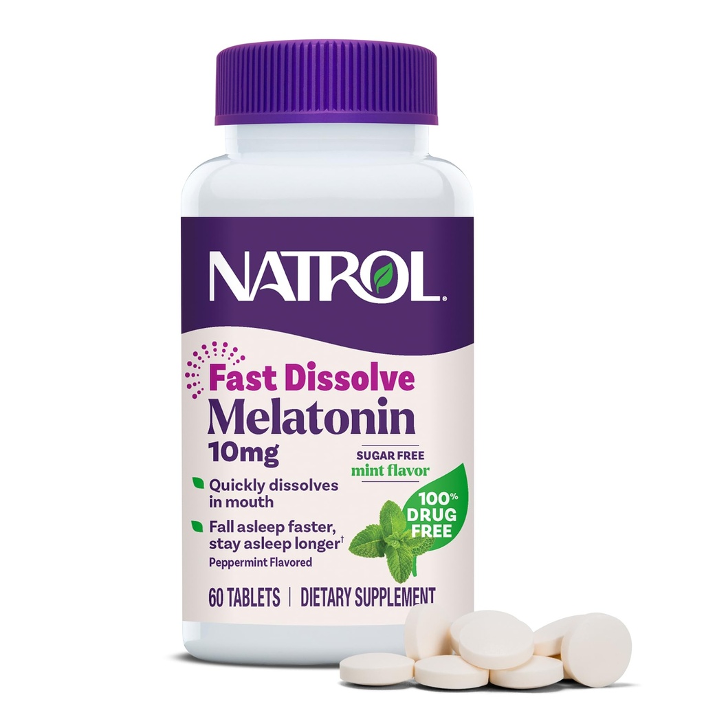 Natrol Melatonin 10mg Tovaglie di dissolve veloce - Peppermint Flavor, 60 Conte, Supporto per il sonno, Melatonina dissolva veloce per adulti, alimentazione di 60 giorni