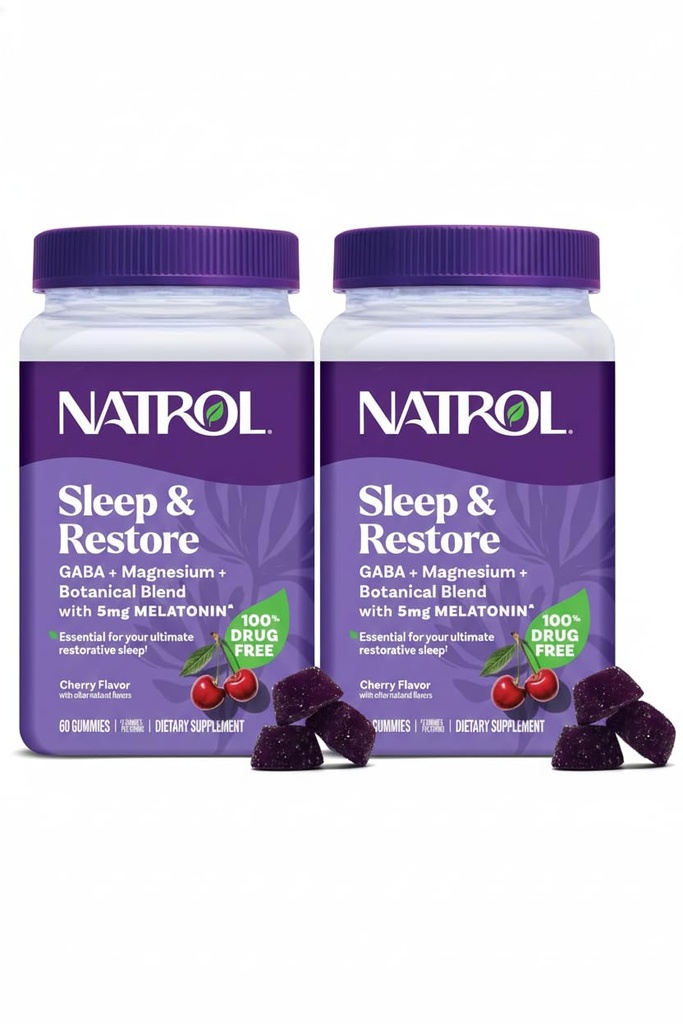 Natrol Sleep + Restore Magnesio Glycinate Blend Gummies con Melatonin 5mg - Magnesio calmo con GABA, Miscela Botanica, Cherry Flavor, 60 Gummies (Pack of 2)