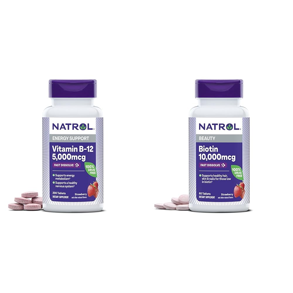 Natrol Vitamin B-12 5000mcg 200 Tabletten & Biotin 10000mcg 60 Tabletten für zelluläre Energie, gesundes Nervensystem, Haar, Haut und Nägel