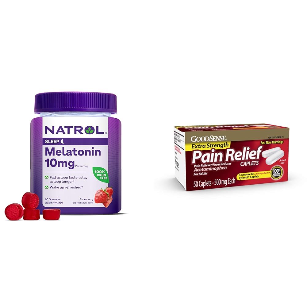 Natrol Melatonin 10mg Gummis für erholsamen Schlaf, 90 Erdbeeren aromatisiert Count & GoodSense 500mg Acetaminophen Caplets, 50 Count