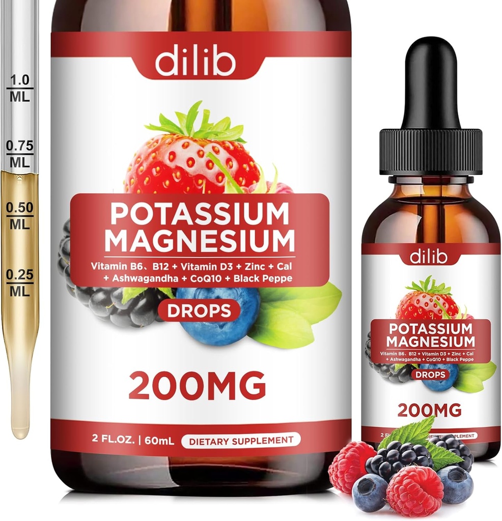 Kalium-Magnesium-Zitrat-Ergänzung, flüssiges Magnesium-Zitrat Tropfen 200mg mit Ashwagandha, Calcium, Zink, Vitamin D3, B6, B12, CoQ10 - Vegan 2 fl oz Mix Berry Flavor