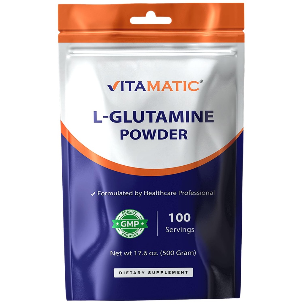 Vitamatic L-Glutamine Powder – 5000 mg per Serving – Unflavored – Non-GMO – GMP Quality – Supports Active Lifestyle, GI Health and Immune Function - 500 Gram