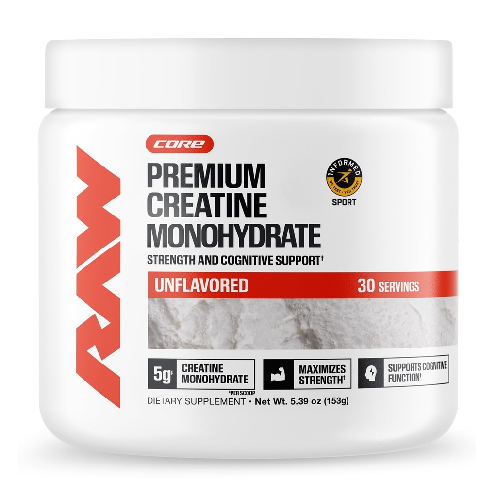 RAW Nutrition Creatine Monohydrat-Pulver, Unflavored (30 Portionen) - Mikronisierte Kreatin Monohydrat-Ergänzung für Workout-Performance, Muskel & Stärke bauen - Kreatin-Pulver für Männer & Frauen