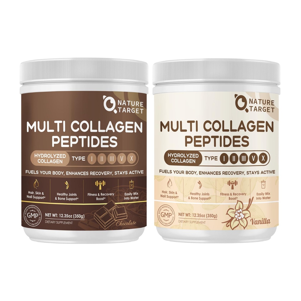 NATURE TARGET Multi Collagen Peptides Powder Bundle - Chocolate & Vanilla | Hydrolyzed Collagen for Women & Men with Creatine, L-Carnitine, Glutamine