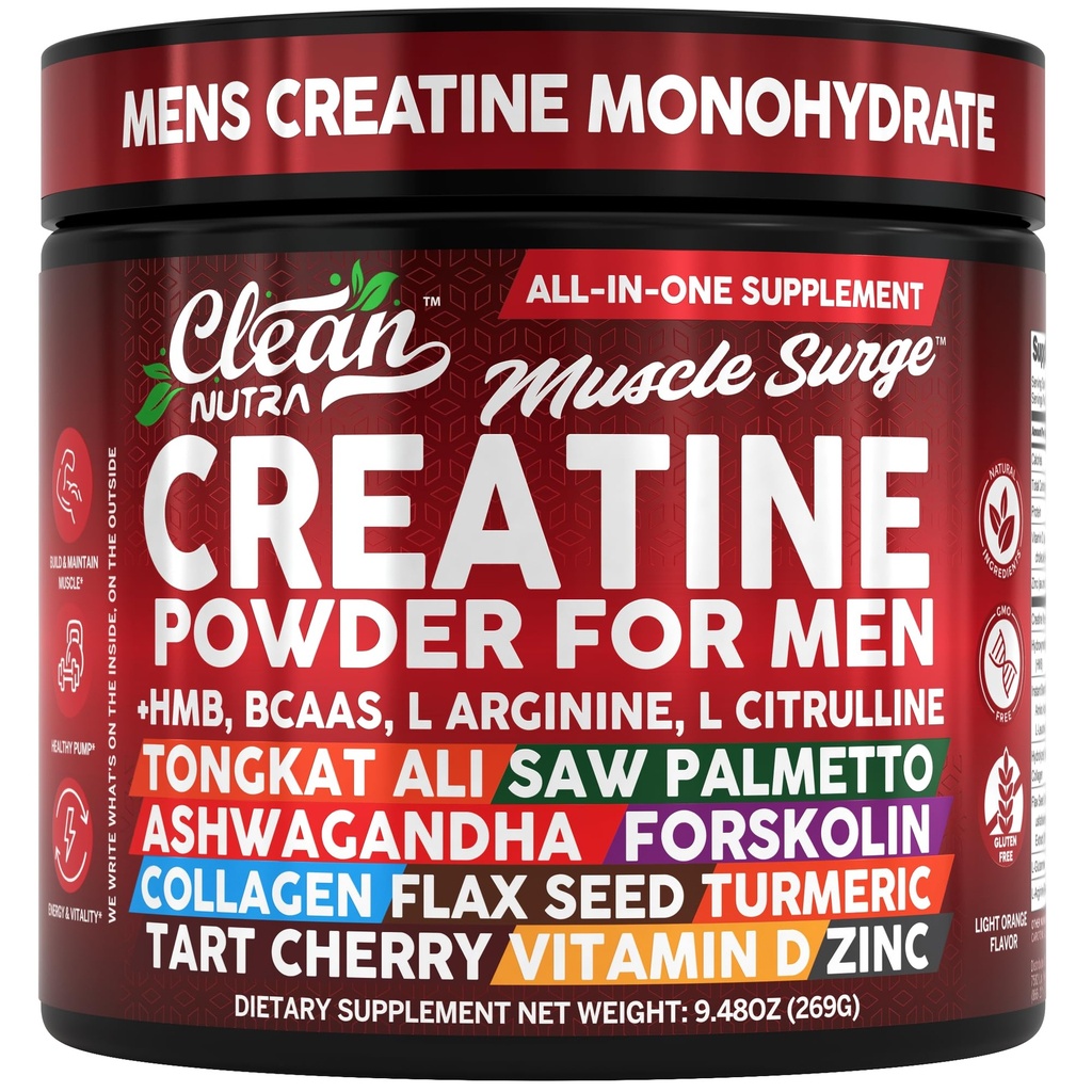 Clean Nutra Creatine Pulver für Männer + HMB BCAA L Arginin L Citrulline Tongkat Ali Saw Palmetto Ashwagandha Collagen Flax Seed Turmeric Preworkout Stevia Nitric Oxide L Glutamine Aminosäuren