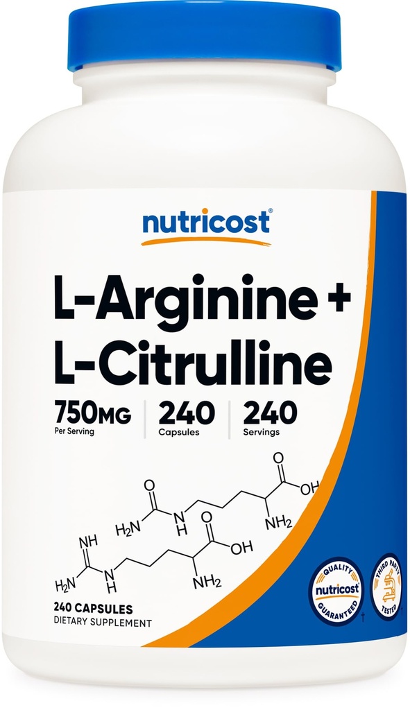 Nutricost Complexe L-Arginine L-Citrulline 750mg, 240 Capsules - Non-OGM