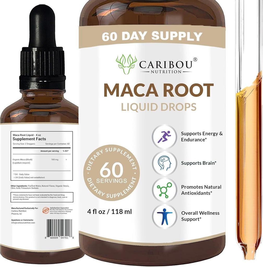 Maca Root Liquid Drops | Premium Organic Maca Root Extract | Maca Ergänzung für Enhanced Mood & Vitality | 60 Servierungen | 4 Fl Oz