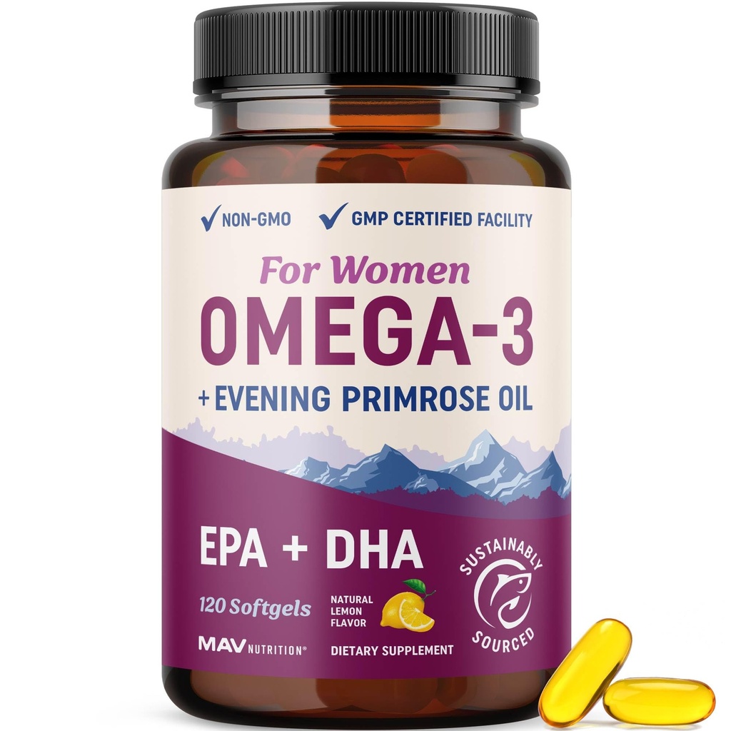 Fischöl Omega 3 Ergänzungen für Frauen | DHA + EPA | Herzgesundheit, Hormone Balance, Haut & Wellness Unterstützung | 600MG Omega3 + 800MG Abendkerzenöl | Omega 3 Ergänzung für Frauen | 120 Ct.