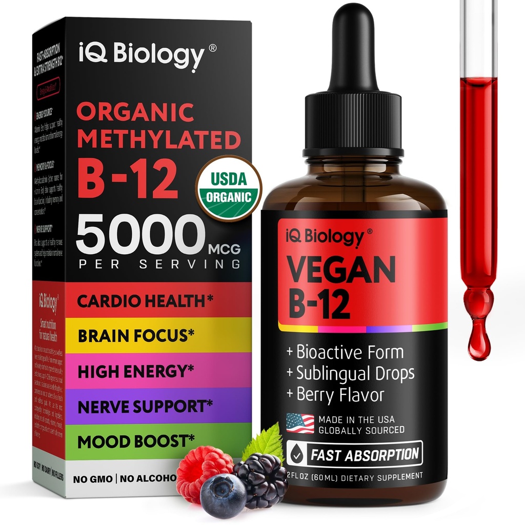 Organisches Vitamin B12 Liquid Drops - Sublingual Methylcobalamin 5000 mcg - Methylated B-12 Active Coenzyme Form - Energy & Nerve System Support - Vegan Vit B 12 - USA Made - Berry Flavor - 60 Portionen