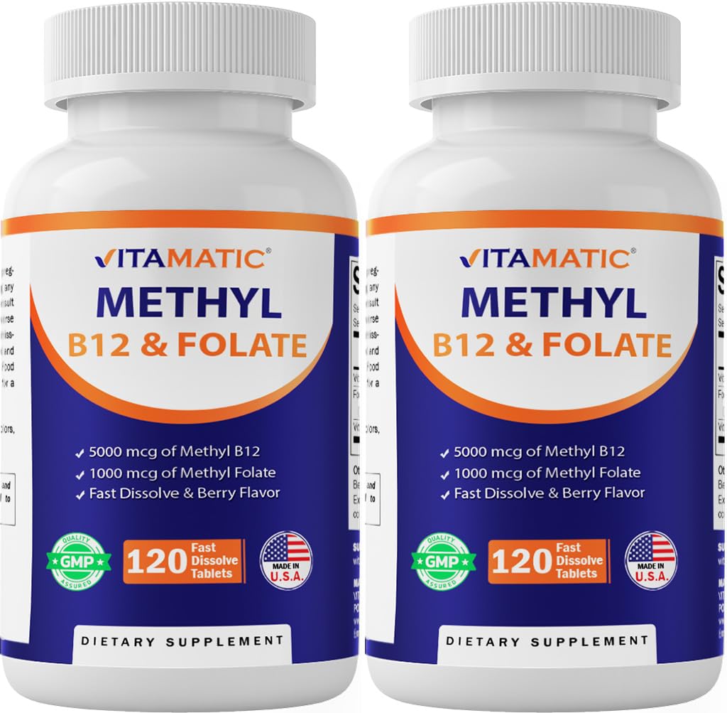 Vitamatic Methyl Folate & B12 Supplement with Pyridoxal 5 Phosphate (P-5-P) - Promotes Cardiovascular Health & Energy Metabolism - 120 Fast Dissolve Tablets - Non GMO & Gluten Free-2 Pack