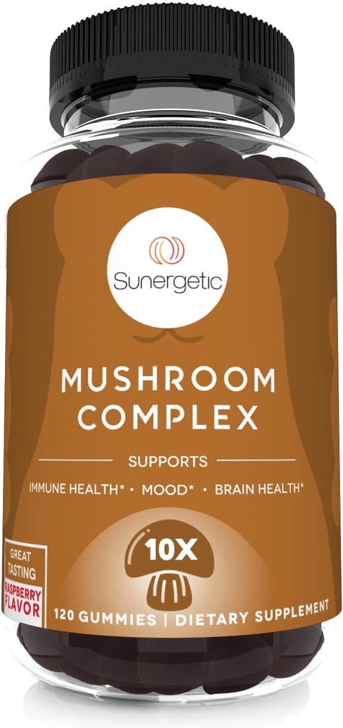 Sunergetic Premium Mushroom Gummies Supplement - für Immungesundheit, Gehirn, Mood & Stress Support - Pilzmischung mit Lions Mane, Chaga Extract, Reishi, Turkey Tail, Cordyceps (120 Gummi)