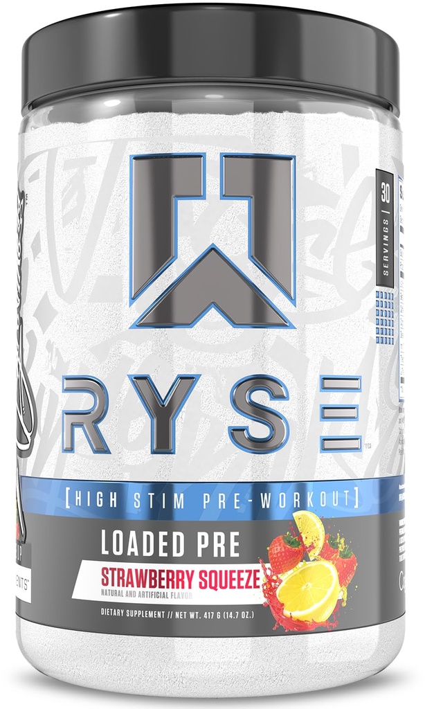 RYSE Loaded Pre Workout Pulver - Strawberry Squeeze - Tägliches Pre-Workout für Männer und Frauen mit 390 mg Koffein, Beta Alanin und Citrullin für Pump, Fokus und Energie - 30 Portionen