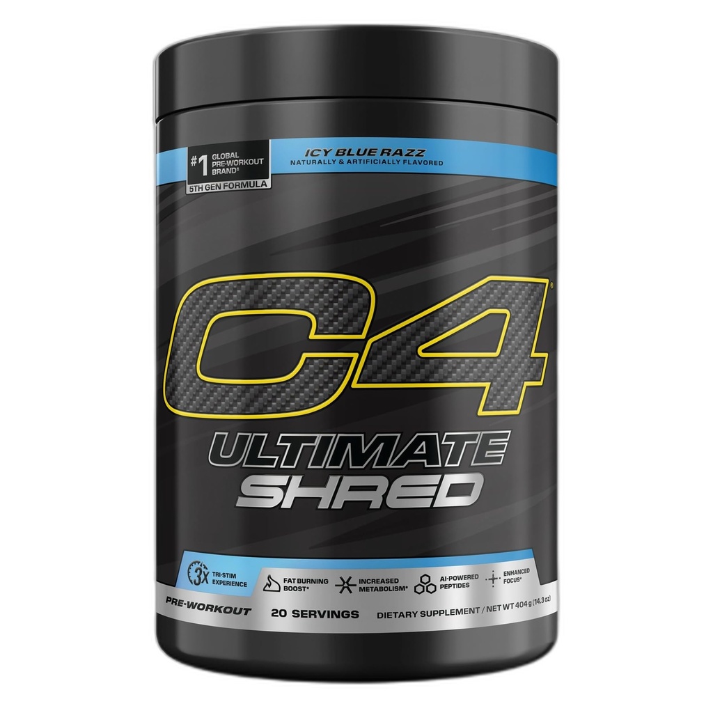 Cellucor C4 Ultimate Shred pré-entraînement poudre, brûleur de graisse pour les hommes et les femmes, supplément perte de poids avec extrait de racine de gingembre, bleu glacé Razz, 20 portions
