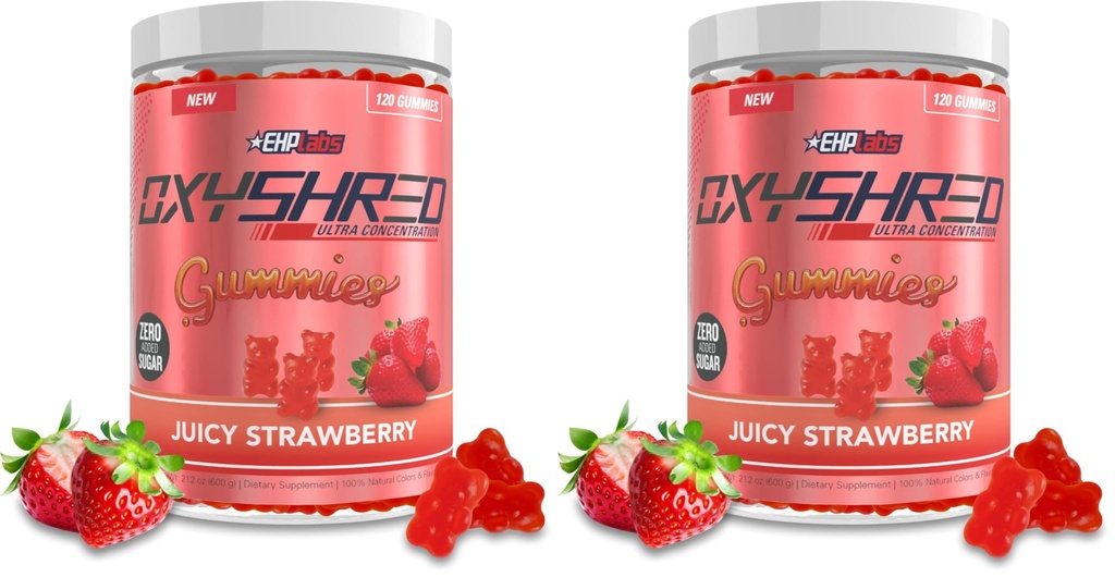 EHP Labs OxyShred Gummies - Pre Workout Gummies & Energy Chews with 100mg Caffeine, L-Carnitine for Thermo & Metabolic Support, All Natural Energy Boost - Strawberry Flavor – 60 Servings (Pack of 2)
