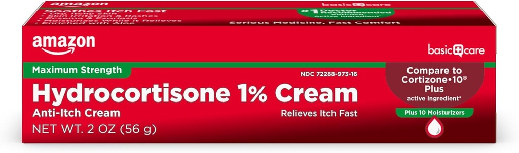 Basic Care Maximum Stärke Hydrocortison 1 Prozent Anti-Itch Cream Plus 10 Moisturizer, 2 Unzen (Pack von 1)